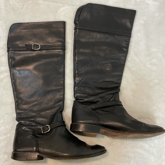 FRYE Shirley Black Tall Buckle Knee High Riding Boots Pull On Leather 6 - Picture 2 of 11